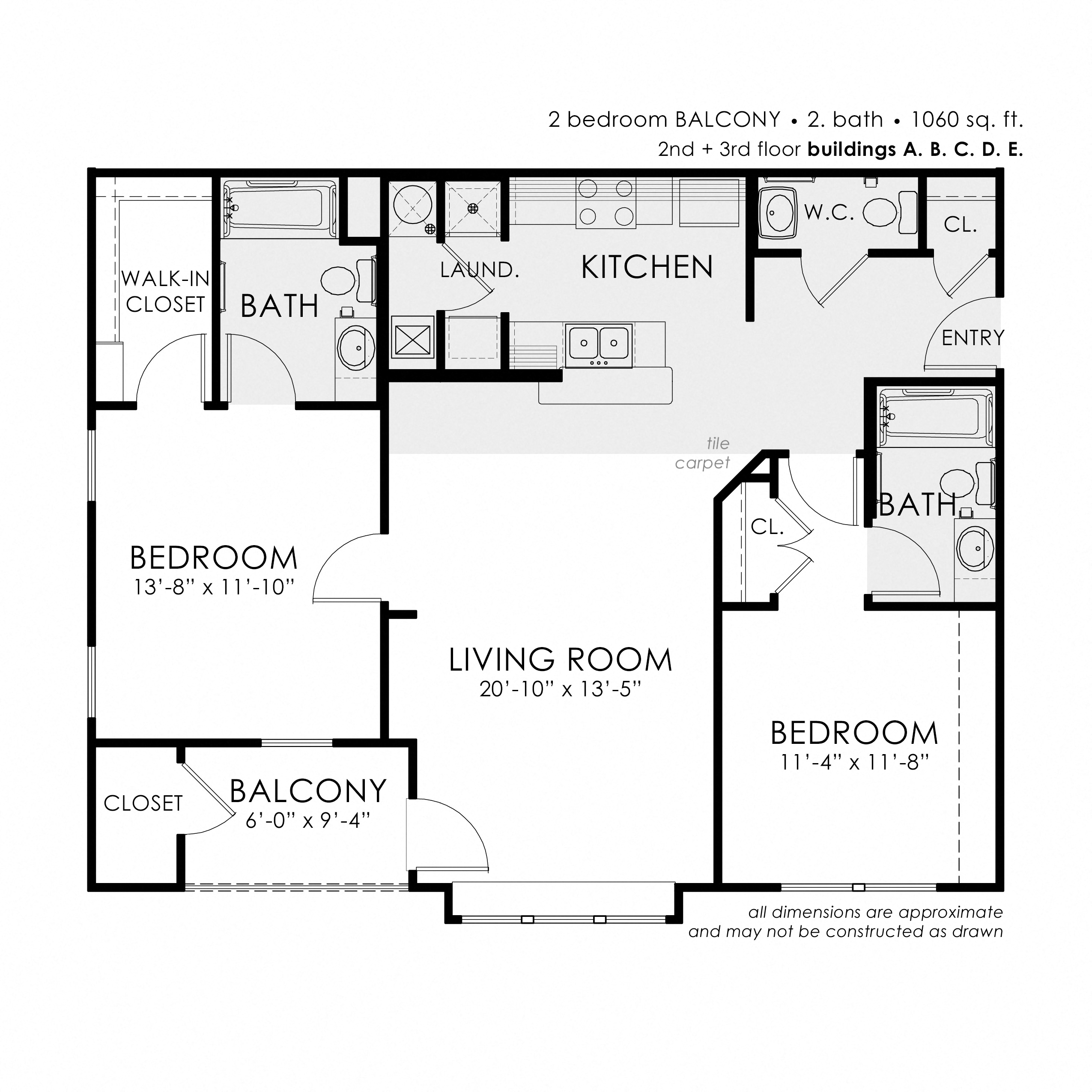 Floor plan for 2 beds, 2.5 baths, 1060 sqft
